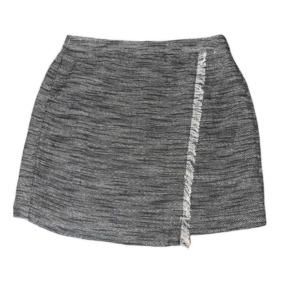 ANN TAYLOR LOFT Women's Faux-Wrap Skirt Size 6 Textured Fringe Black White